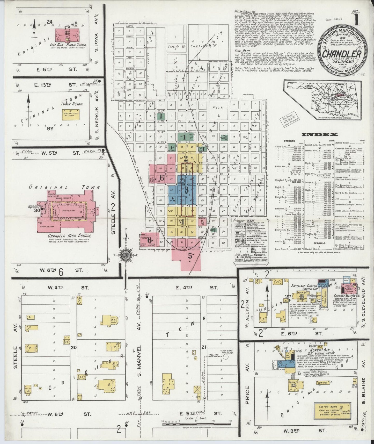 Sanborn Fire Insurance Map from Chandler, Lincoln County, Oklahoma (1920), Sheet #0001 - Historic Sanborn Fire Insurance Map Print, vintage old map wall art, antique decor, genealogy gift, Oklahoma Oklahoma map