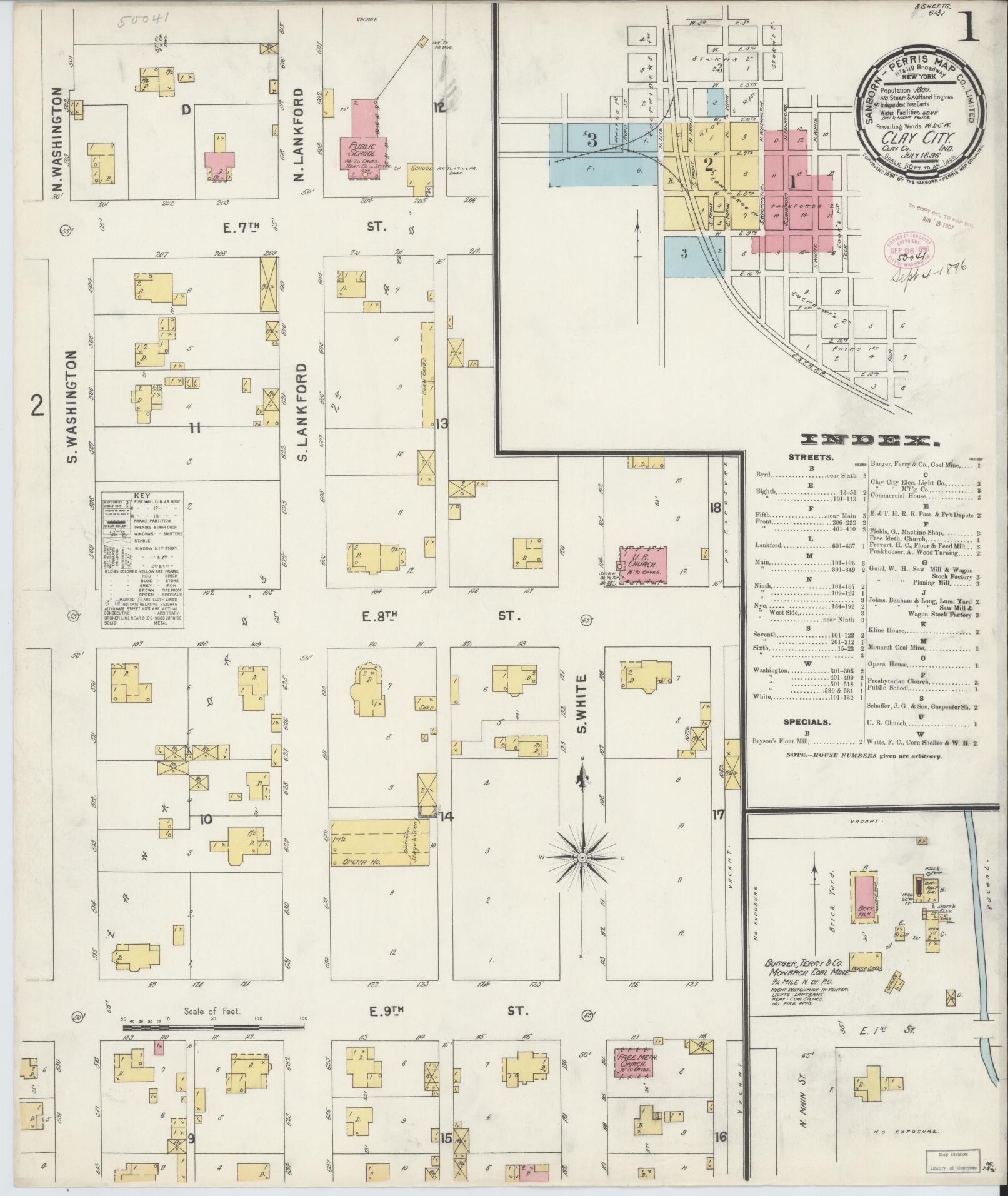 Sanborn Fire Insurance Map from Clay City, Clay County, Indiana (1896), Sheet #0001 - Complete Map Set gallery image, historic Sanborn map, vintage wall art, Indiana Indiana