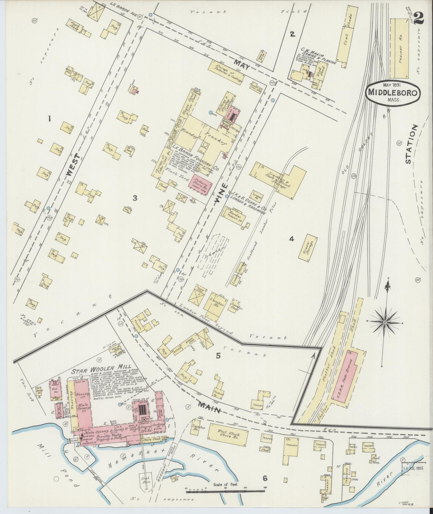 Sanborn Fire Insurance Map from Middleboro, Plymouth County, Massachusetts (1891), Sheet #0002 - Complete Map Set gallery image, historic Sanborn map, vintage wall art, Massachusetts Massachusetts