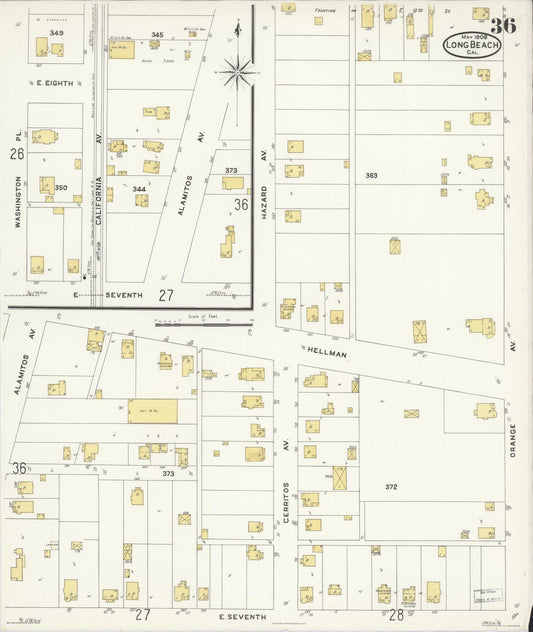 Sanborn Fire Insurance Map from Long Beach, Los Angeles County, California (1908), Sheet #0036 - Historic Sanborn Fire Insurance Map Print, vintage old map wall art, antique decor, genealogy gift, California California map