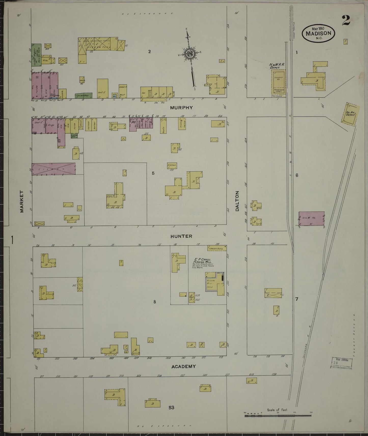 Sanborn Fire Insurance Map from Madison, Rockingham County, North Carolina (1910), Sheet #0002 - Complete Map Set gallery image, historic Sanborn map, vintage wall art, North Carolina North Carolina