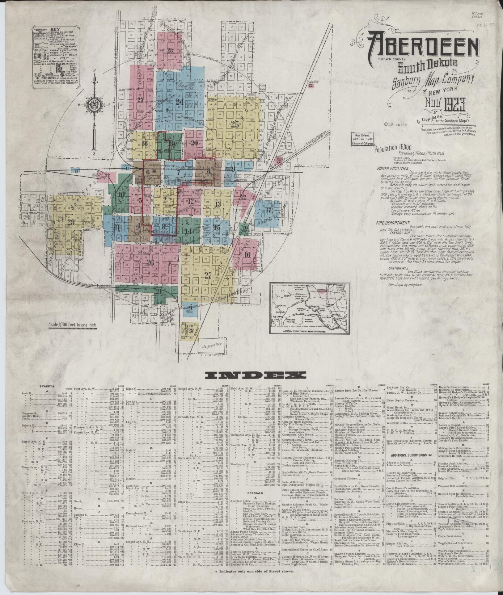 Sanborn Fire Insurance Map from Aberdeen, Brown County, South Dakota (1923), Sheet #0001 - Complete Map Set gallery image, historic Sanborn map, vintage wall art, South Dakota South Dakota
