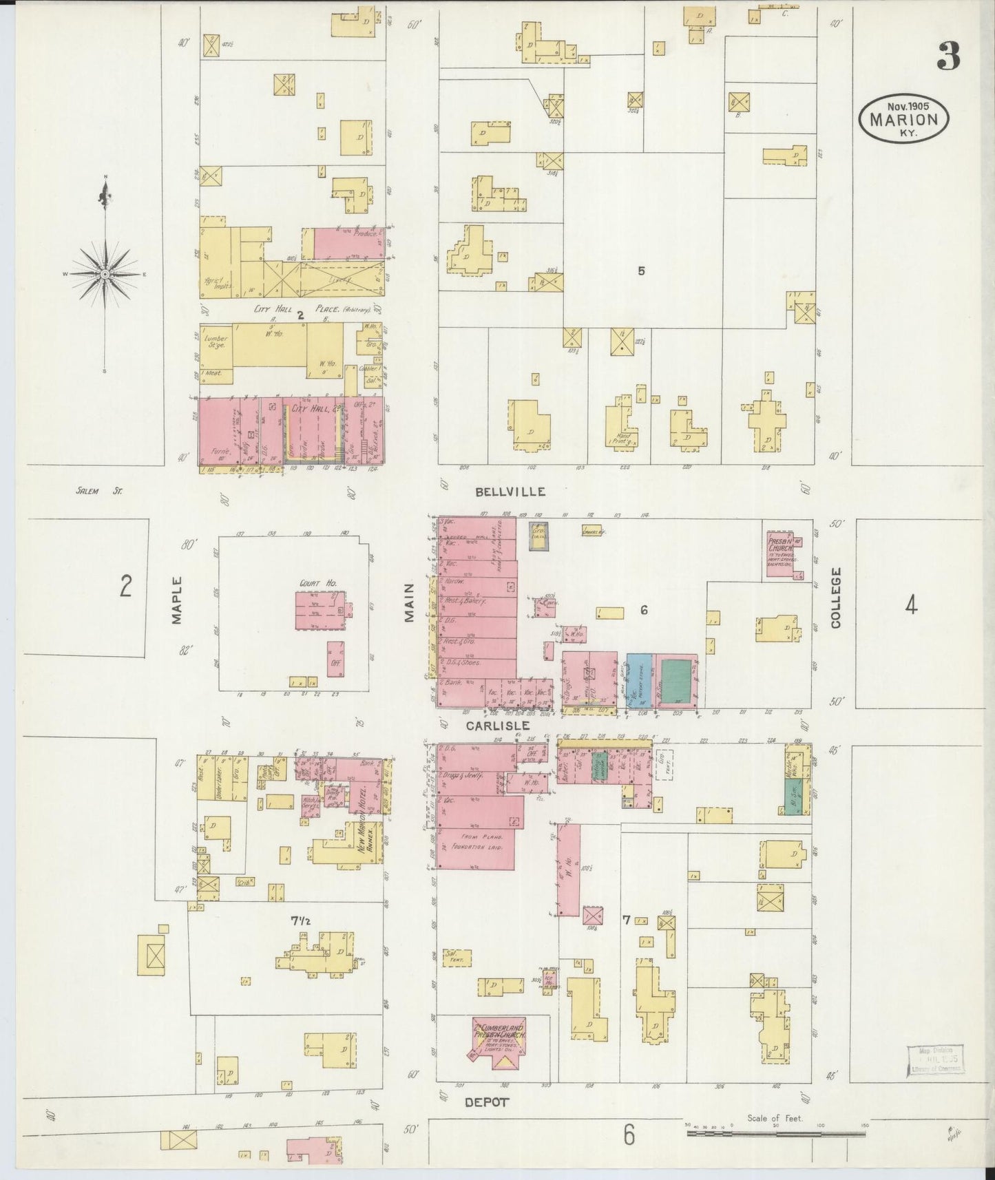 Sanborn Fire Insurance Map from Marion, Crittenden County, Kentucky (1905), Sheet #0003 - Historic Sanborn Fire Insurance Map Print, vintage old map wall art, antique decor, genealogy gift, Kentucky Kentucky map