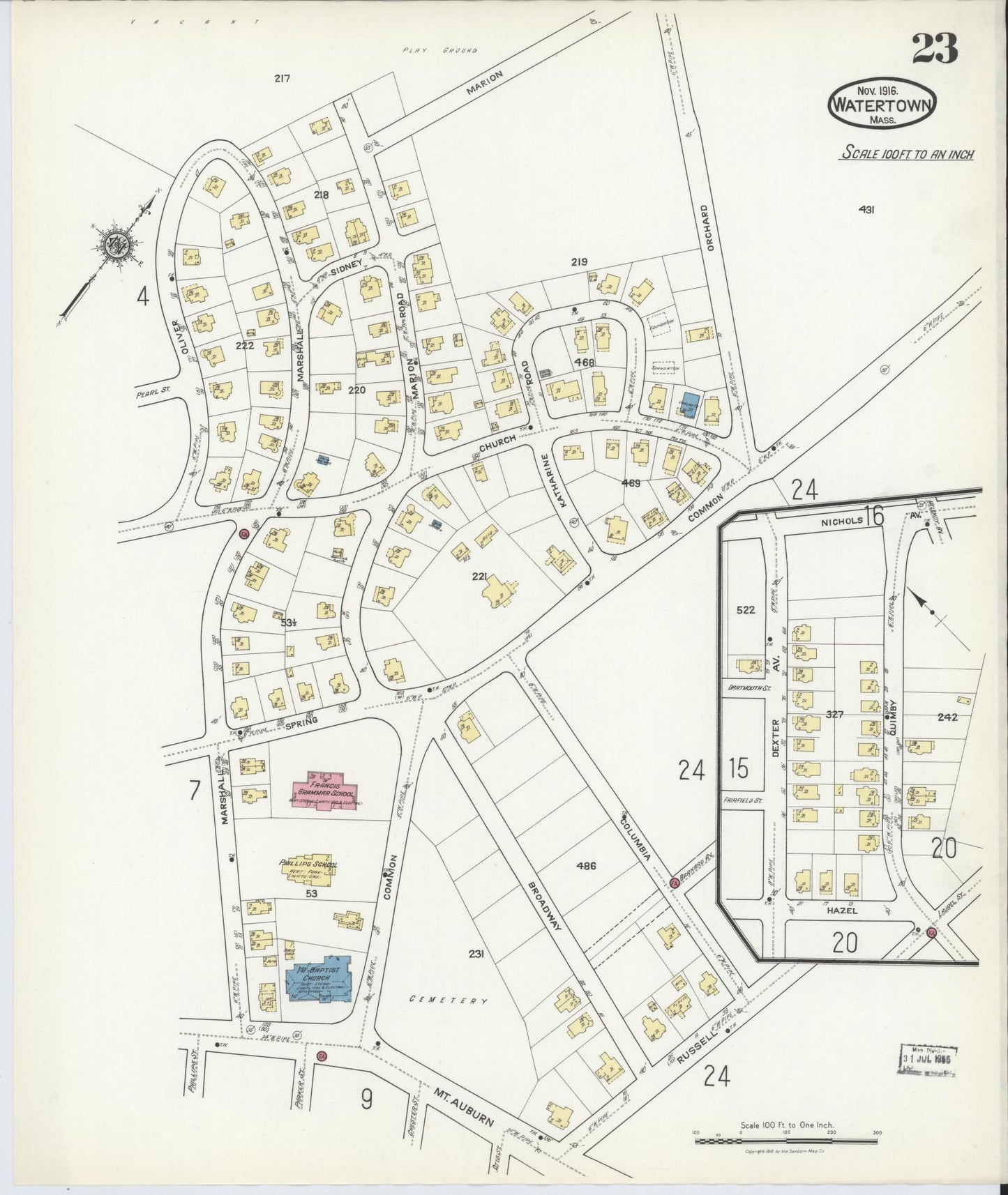 Sanborn Fire Insurance Map from Watertown, Middlesex County, Massachusetts (1916), Sheet #0023 - Complete Map Set gallery image, historic Sanborn map, vintage wall art, Massachusetts Massachusetts