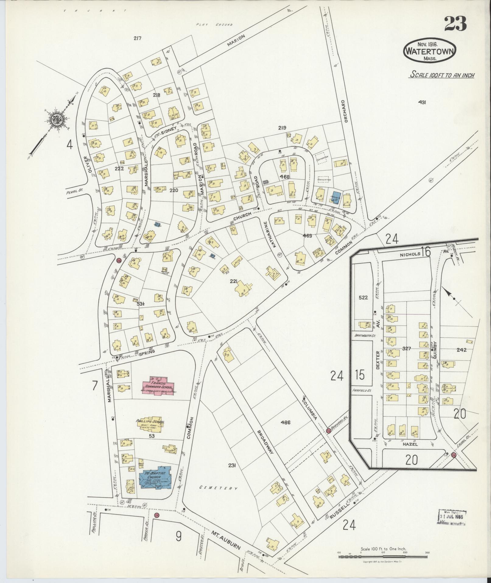 Sanborn Fire Insurance Map from Watertown, Middlesex County, Massachusetts (1916), Sheet #0023 - Complete Map Set gallery image, historic Sanborn map, vintage wall art, Massachusetts Massachusetts