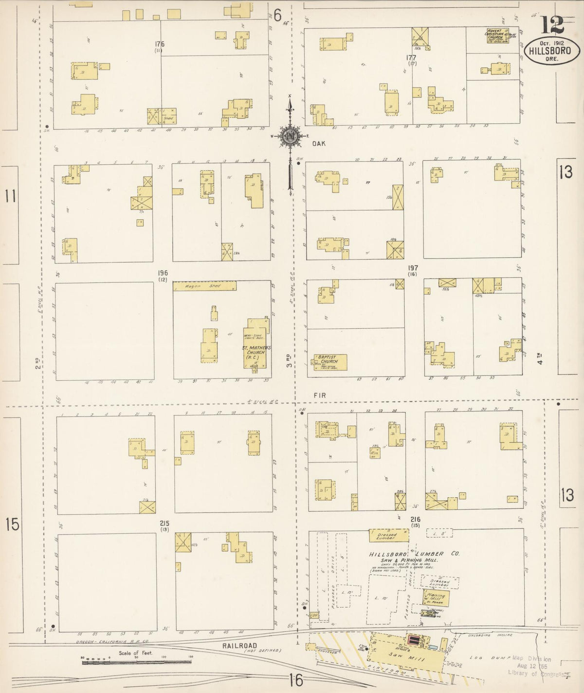 Sanborn Fire Insurance Map from Hillsboro, Washington County, Oregon (1912), Sheet #0012 - Historic Sanborn Fire Insurance Map Print, vintage old map wall art, antique decor, genealogy gift, Oregon Oregon map