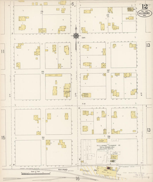 Sanborn Fire Insurance Map from Hillsboro, Washington County, Oregon (1912), Sheet #0012 - Historic Sanborn Fire Insurance Map Print, vintage old map wall art, antique decor, genealogy gift, Oregon Oregon map