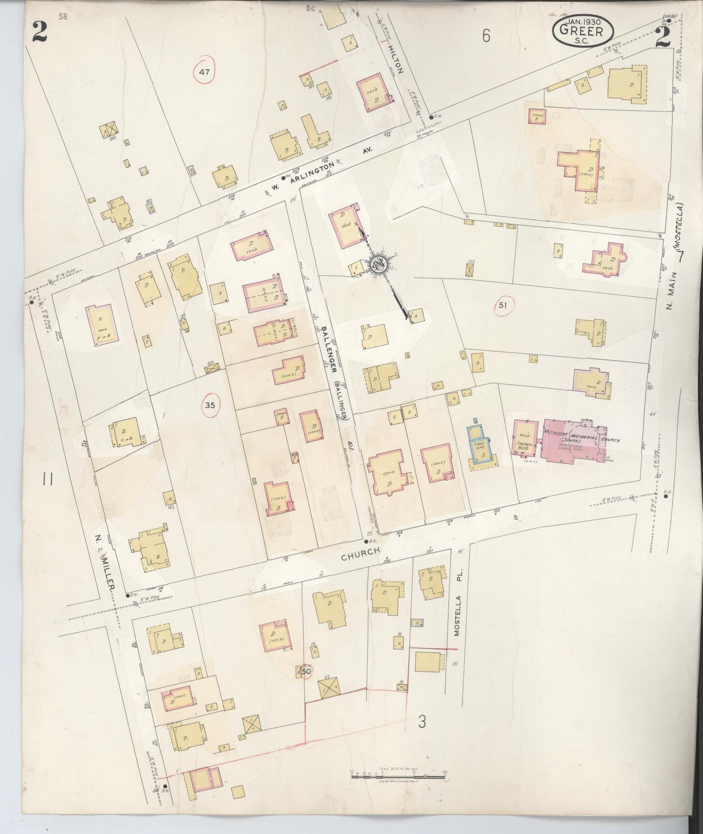 Sanborn Fire Insurance Map from Greer, Greenville and Spartanburg Counties, South Carolina (1951), Sheet #0002 - Historic Sanborn Fire Insurance Map Print, vintage old map wall art, antique decor, genealogy gift, South Carolina South Carolina map