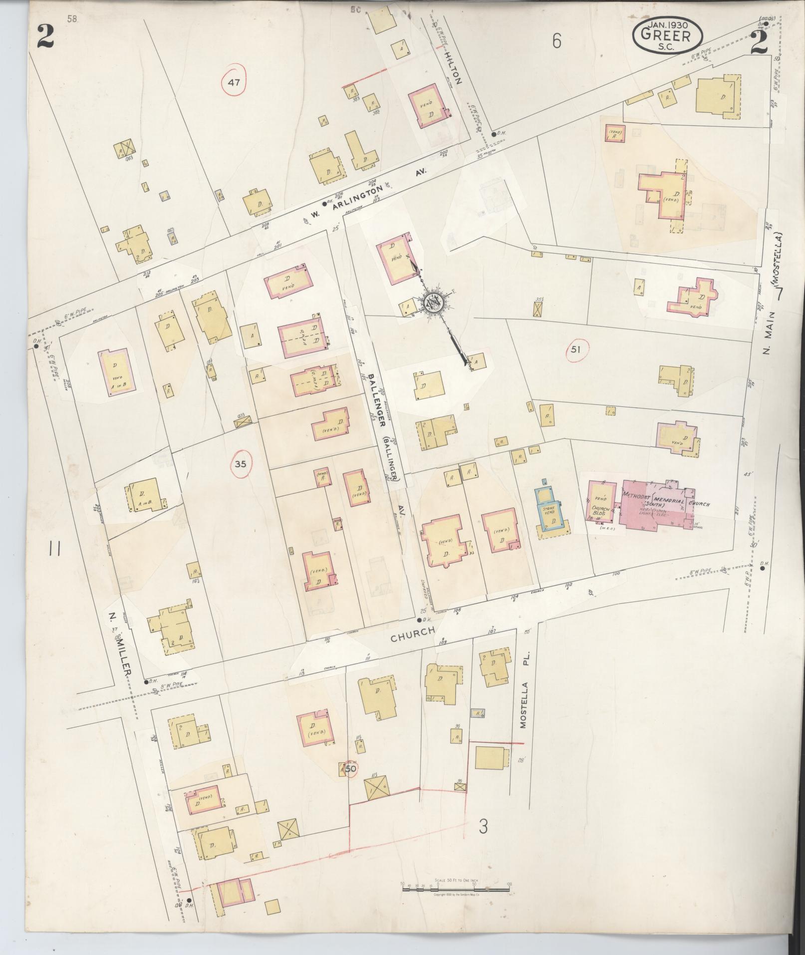 Sanborn Fire Insurance Map from Greer, Greenville and Spartanburg Counties, South Carolina (1951), Sheet #0002 - Historic Sanborn Fire Insurance Map Print, vintage old map wall art, antique decor, genealogy gift, South Carolina South Carolina map