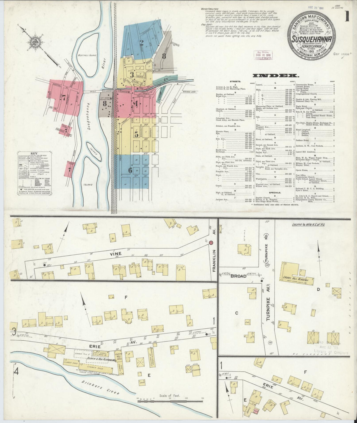 Sanborn Fire Insurance Map from Susquehanna, Susquehanna County, Pennsylvania (1911), Sheet #0001 - Historic Sanborn Fire Insurance Map Print, vintage old map wall art, antique decor, genealogy gift, Pennsylvania Pennsylvania map