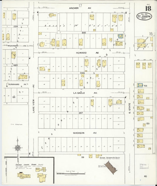 Sanborn Fire Insurance Map from Saint Joseph, Berrien County, Michigan (1921), Sheet #0018 - Historic Sanborn Fire Insurance Map Print, vintage old map wall art, antique decor, genealogy gift, Michigan Michigan map