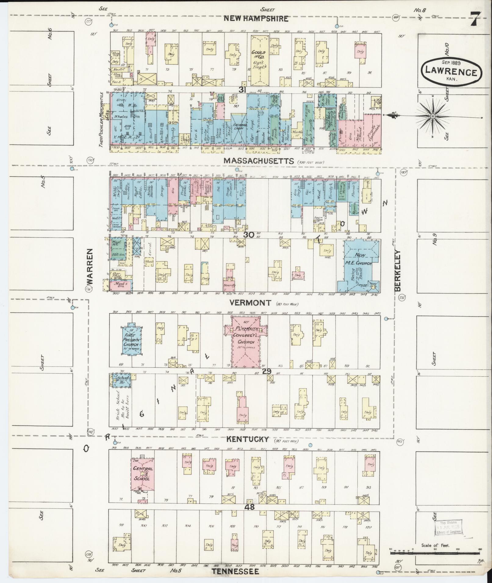 Sanborn Fire Insurance Map from Lawrence, Douglas County, Kansas (1889), Sheet #0007 - Historic Sanborn Fire Insurance Map Print, vintage old map wall art, antique decor, genealogy gift, Kansas Kansas map