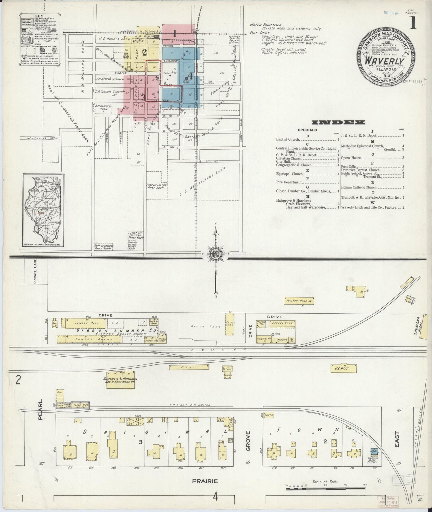 Sanborn Fire Insurance Map from Waverly, Morgan County, Illinois (1914), Sheet #0001 - Historic Sanborn Fire Insurance Map Print, vintage old map wall art, antique decor, genealogy gift, Illinois Illinois map