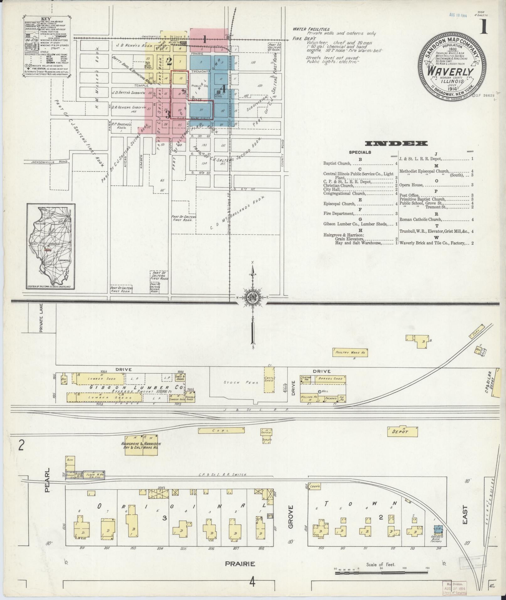 Sanborn Fire Insurance Map from Waverly, Morgan County, Illinois (1914), Sheet #0001 - Historic Sanborn Fire Insurance Map Print, vintage old map wall art, antique decor, genealogy gift, Illinois Illinois map