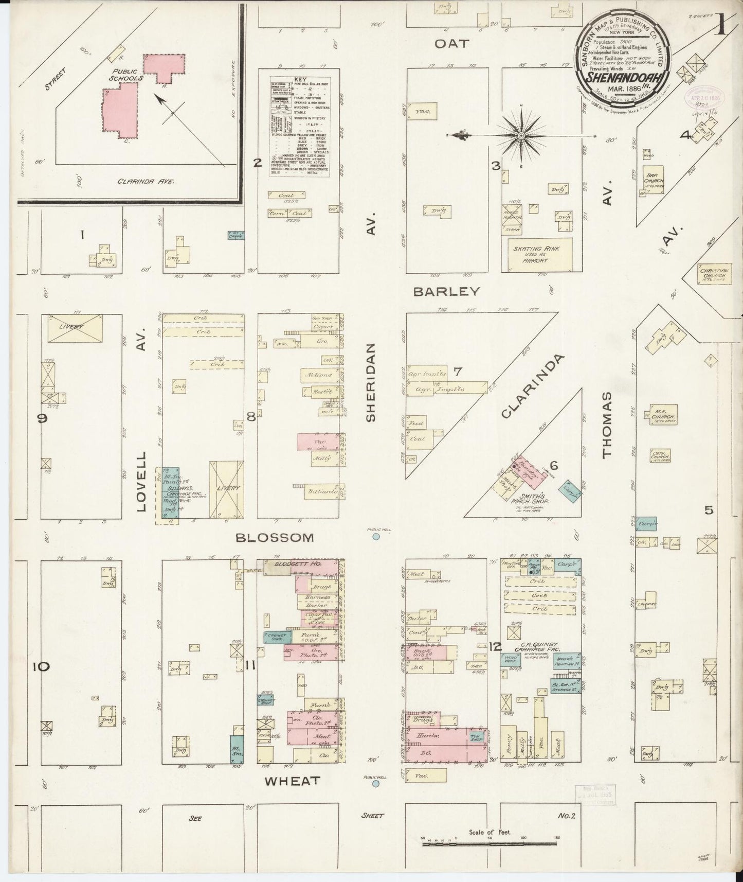 Sanborn Fire Insurance Map from Shenandoah, Page County, Iowa (1886), Sheet #0001 - Historic Sanborn Fire Insurance Map Print, vintage old map wall art