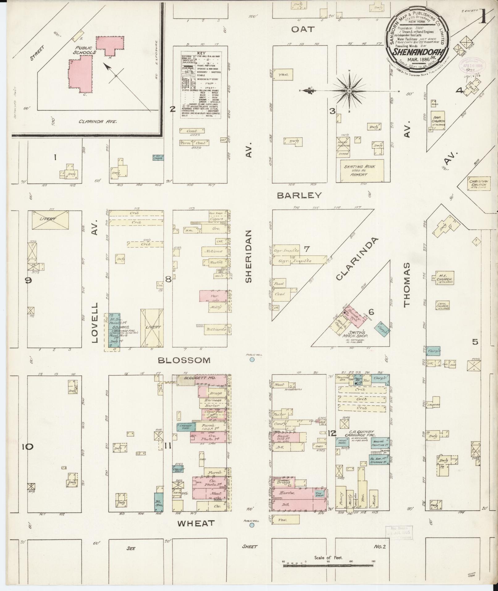 Sanborn Fire Insurance Map from Shenandoah, Page County, Iowa (1886), Sheet #0001 - Historic Sanborn Fire Insurance Map Print, vintage old map wall art