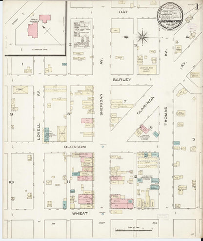 Sanborn Fire Insurance Map from Shenandoah, Page County, Iowa (1886), Sheet #0001 - Historic Sanborn Fire Insurance Map Print, vintage old map wall art