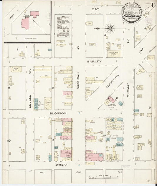 Sanborn Fire Insurance Map from Shenandoah, Page County, Iowa (1886), Sheet #0001 - Historic Sanborn Fire Insurance Map Print, vintage old map wall art