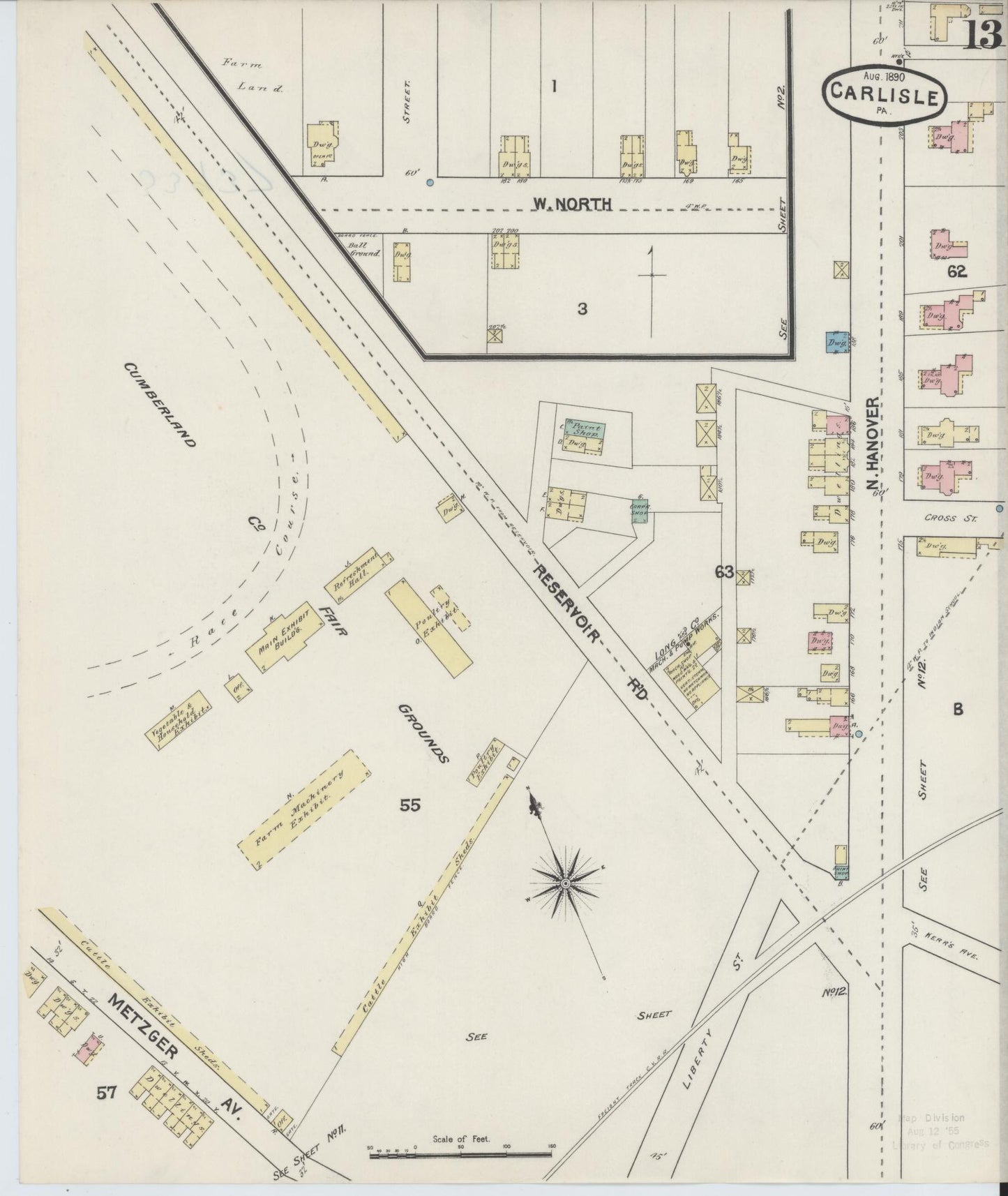 Sanborn Fire Insurance Map from Carlisle, Cumberland County, Pennsylvania (1890), Sheet #0013 - Historic Sanborn Fire Insurance Map Print, vintage old map wall art, antique decor, genealogy gift, Pennsylvania Pennsylvania map