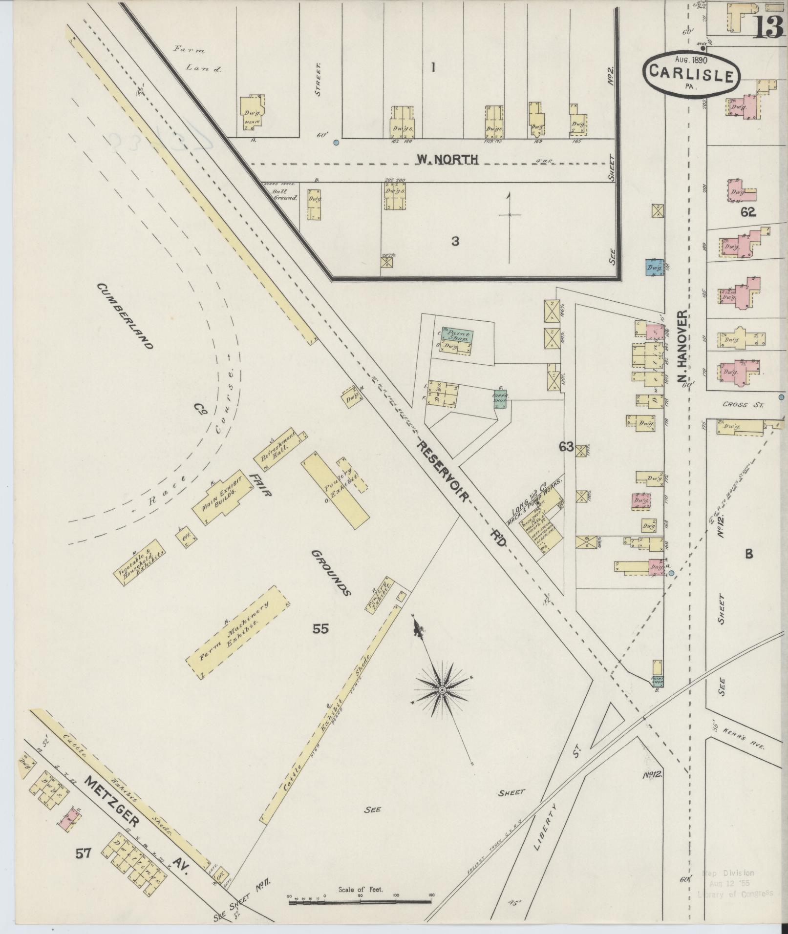 Sanborn Fire Insurance Map from Carlisle, Cumberland County, Pennsylvania (1890), Sheet #0013 - Historic Sanborn Fire Insurance Map Print, vintage old map wall art, antique decor, genealogy gift, Pennsylvania Pennsylvania map