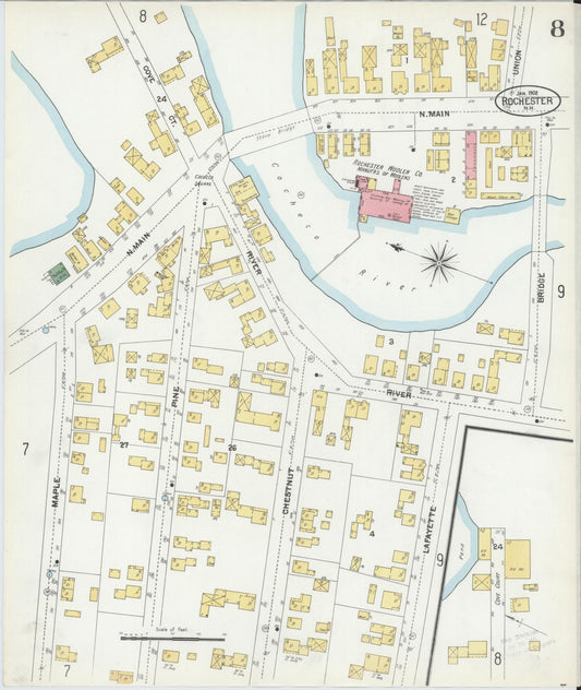 Sanborn Fire Insurance Map from Rochester, Strafford County, New Hampshire (1902), Sheet #0008 - Historic Sanborn Fire Insurance Map Print, vintage old map wall art, antique decor, genealogy gift, New Hampshire New Hampshire map