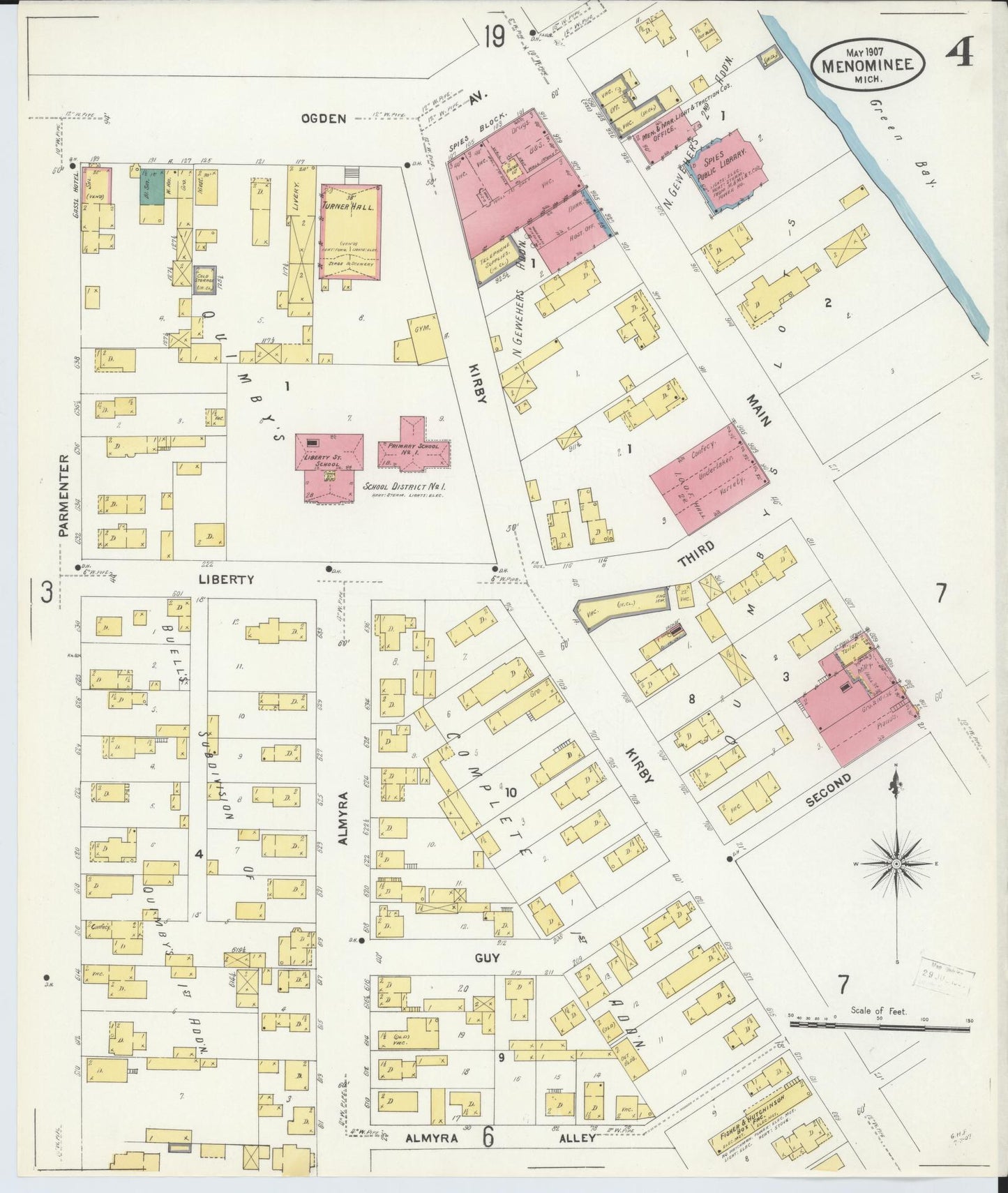 Sanborn Fire Insurance Map from Menominee, Menominee County, Michigan (1907), Sheet #0004 - Complete Map Set gallery image, historic Sanborn map, vintage wall art, Michigan Michigan