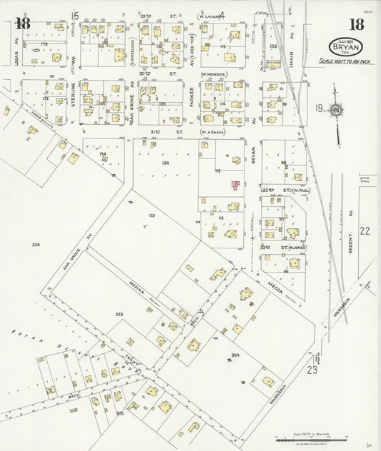 Sanborn Fire Insurance Map from Bryan, Brazos County, Texas (1925), Sheet #0018 - Historic Sanborn Fire Insurance Map Print, vintage old map wall art, antique decor, genealogy gift, Texas Texas map