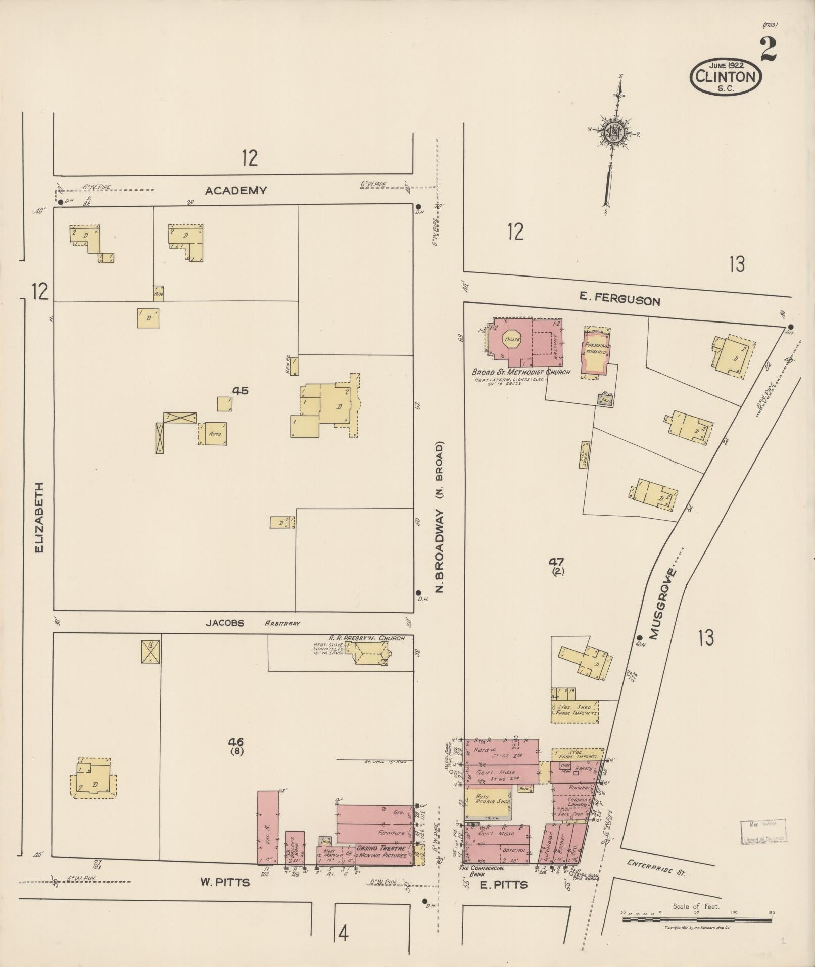 Sanborn Fire Insurance Map from Clinton, Laurens County, South Carolina (1922), Sheet #0002 - Complete Map Set gallery image, historic Sanborn map, vintage wall art, South Carolina South Carolina