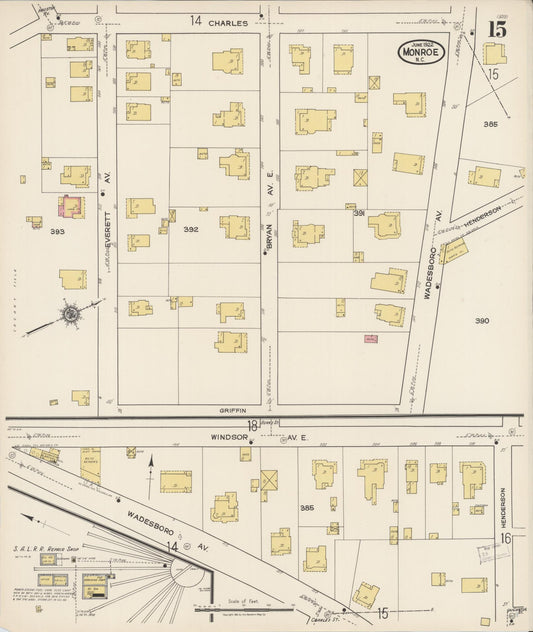 Sanborn Fire Insurance Map from Monroe, Union County, North Carolina (1922), Sheet #0015 - Historic Sanborn Fire Insurance Map Print, vintage old map wall art, antique decor, genealogy gift, North Carolina North Carolina map