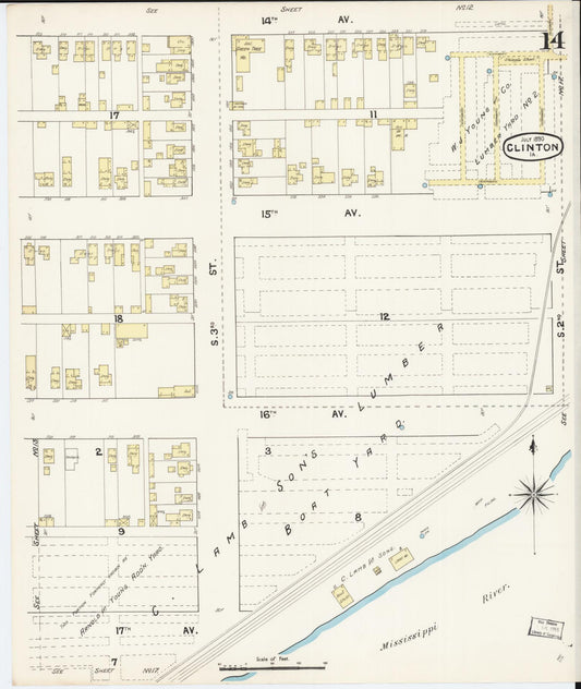 Sanborn Fire Insurance Map from Clinton, Clinton County, Iowa (1890), Sheet #0014 - Historic Sanborn Fire Insurance Map Print, vintage old map wall art