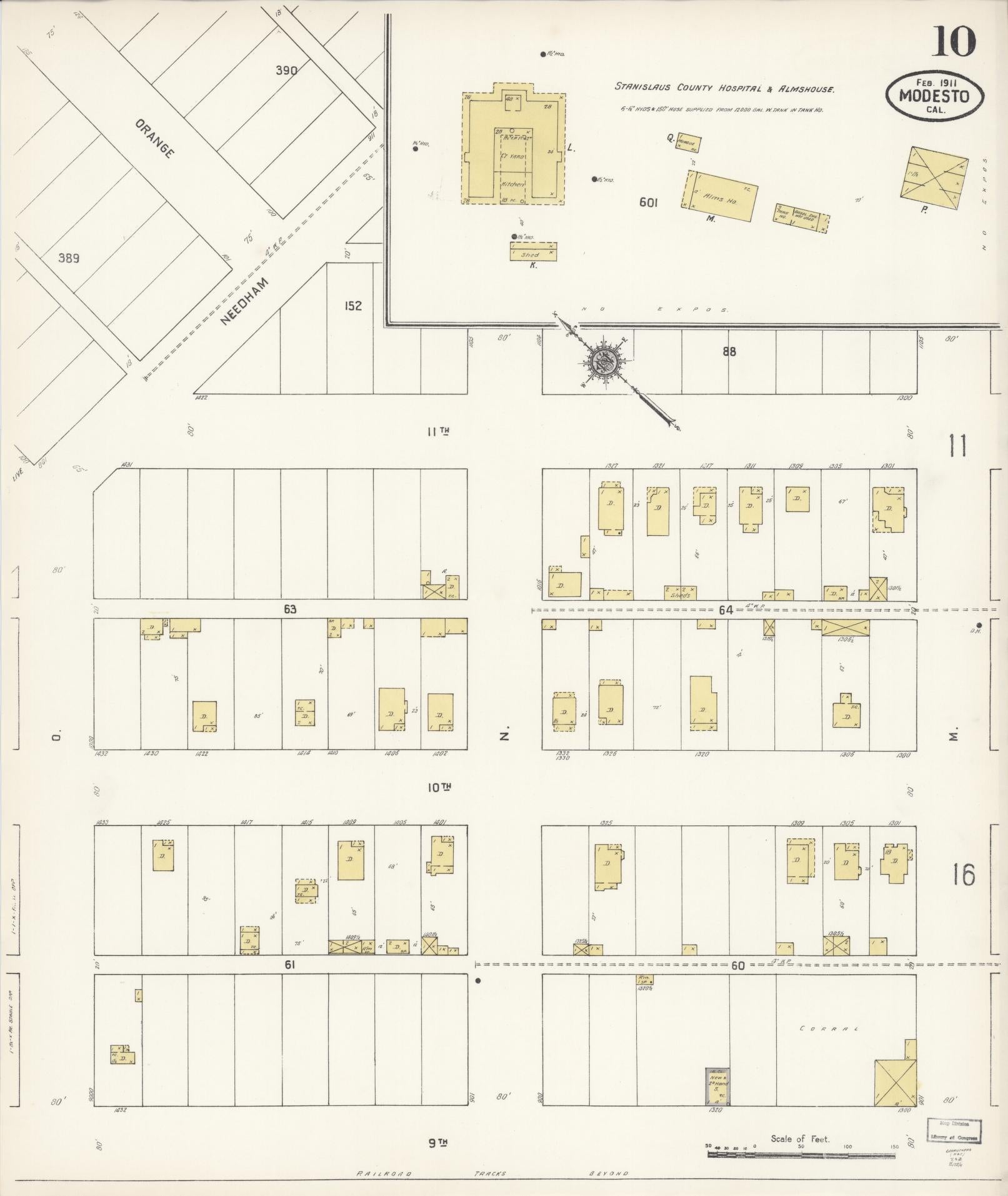 Sanborn Fire Insurance Map from Modesto, Stanislaus County, California (1911), Sheet #0010 - Historic Sanborn Fire Insurance Map Print, vintage old map wall art, antique decor, genealogy gift, California California map