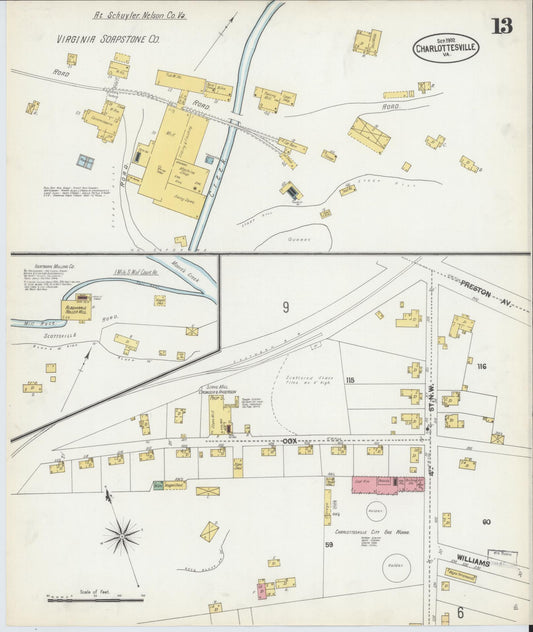 Sanborn Fire Insurance Map from Charlottesville, Independent Cities, Virginia (1902), Sheet #0013 - Historic Sanborn Fire Insurance Map Print, vintage old map wall art, antique decor, genealogy gift, Virginia Virginia map