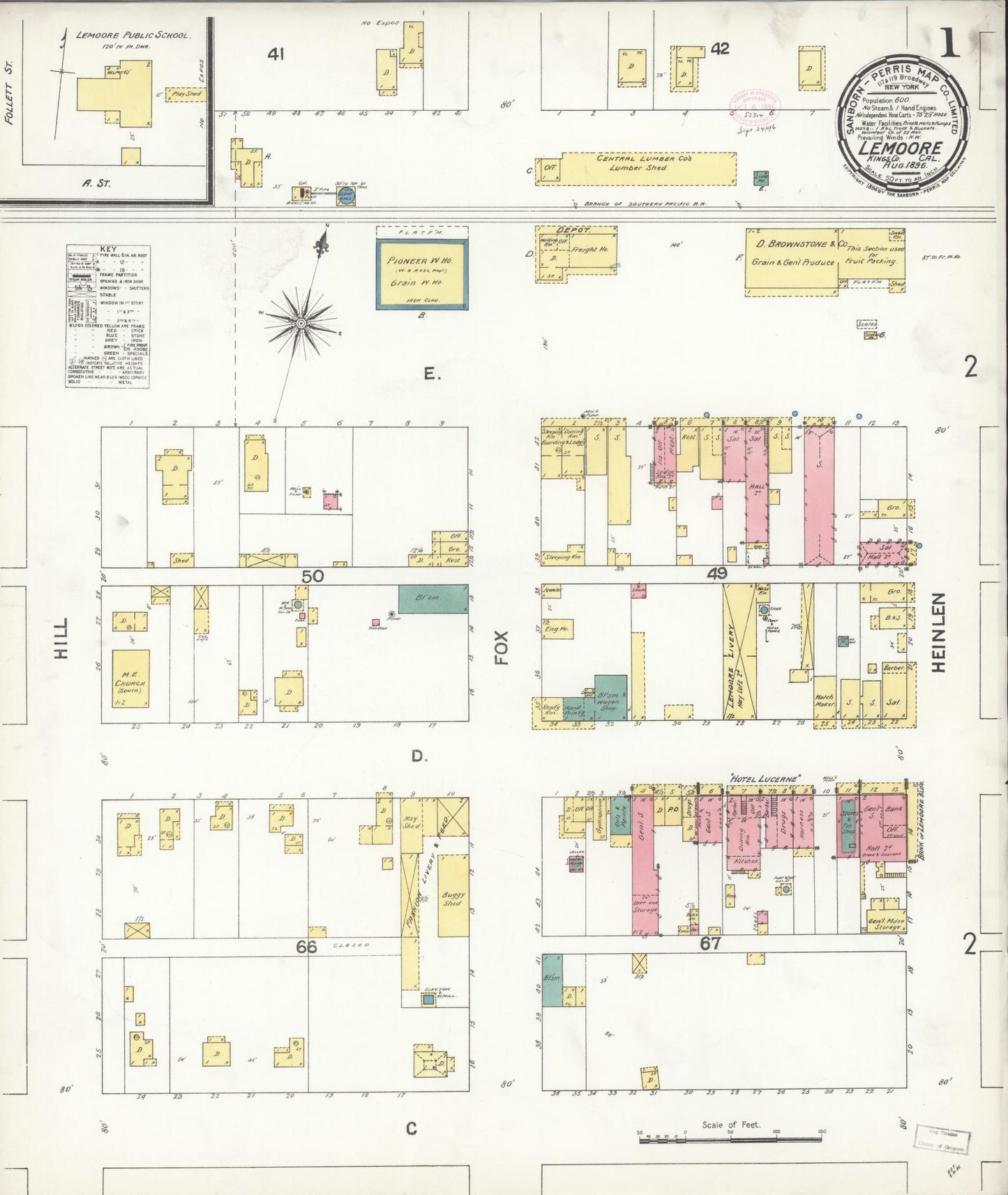 Sanborn Fire Insurance Map from Lemoore, Kings County, California (1896), Sheet #0001 - Historic Sanborn Fire Insurance Map Print, vintage old map wall art, antique decor, genealogy gift, California California map
