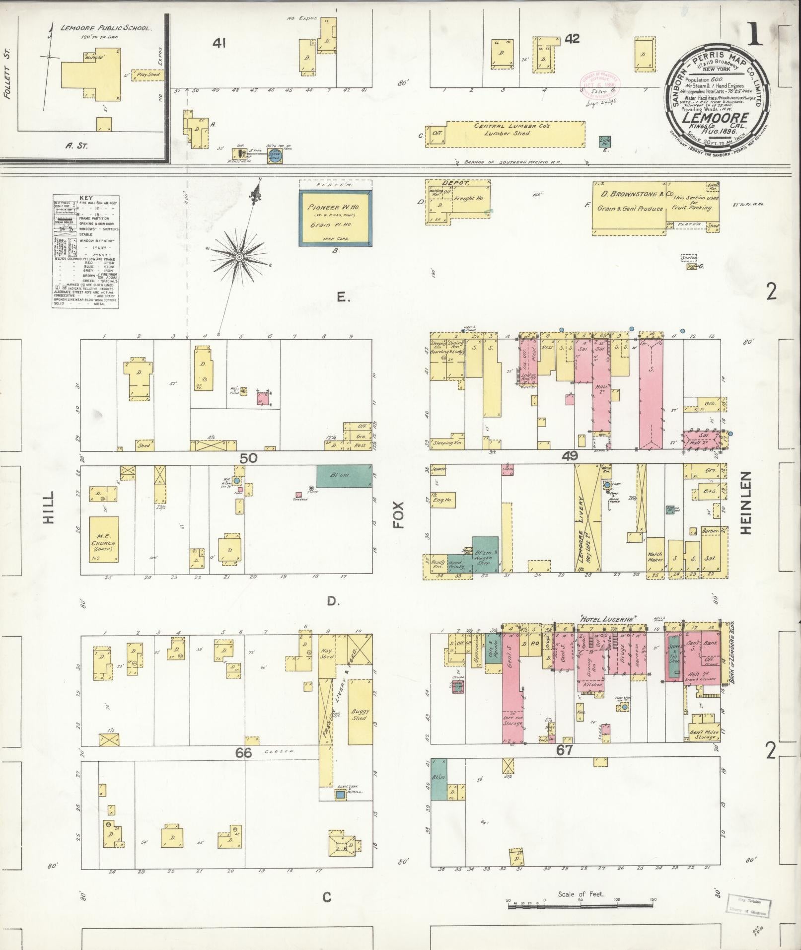 Sanborn Fire Insurance Map from Lemoore, Kings County, California (1896), Sheet #0001 - Historic Sanborn Fire Insurance Map Print, vintage old map wall art, antique decor, genealogy gift, California California map
