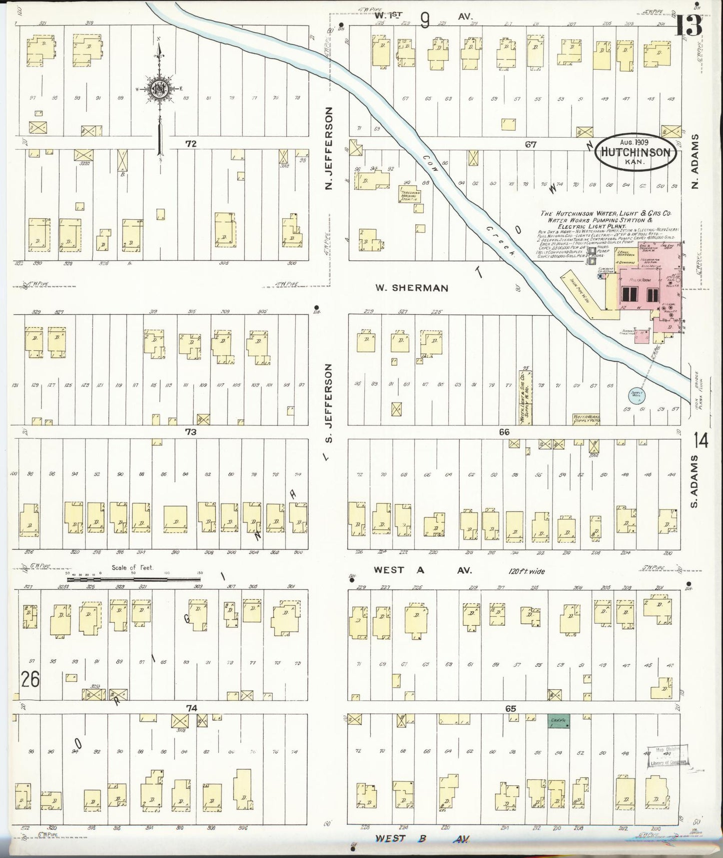 Sanborn Fire Insurance Map from Hutchinson, Reno County, Kansas (1909), Sheet #0013 - Complete Map Set gallery image, historic Sanborn map, vintage wall art, Kansas Kansas