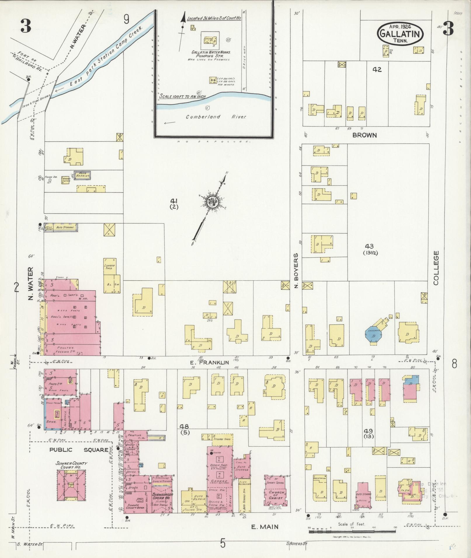 Sanborn Fire Insurance Map from Gallatin, Sumner County, Tennessee (1924), Sheet #0003 - Complete Map Set gallery image, historic Sanborn map, vintage wall art, Tennessee Tennessee