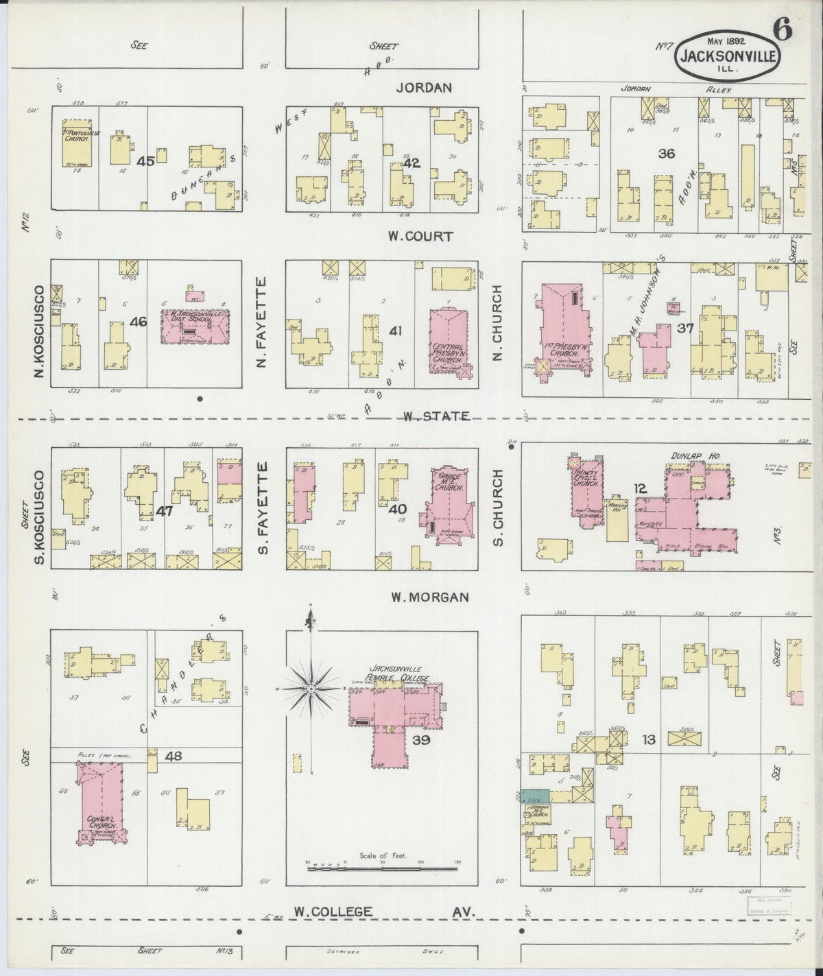Sanborn Fire Insurance Map from Jacksonville, Morgan County, Illinois (1892), Sheet #0006 - Complete Map Set gallery image, historic Sanborn map, vintage wall art, Illinois Illinois