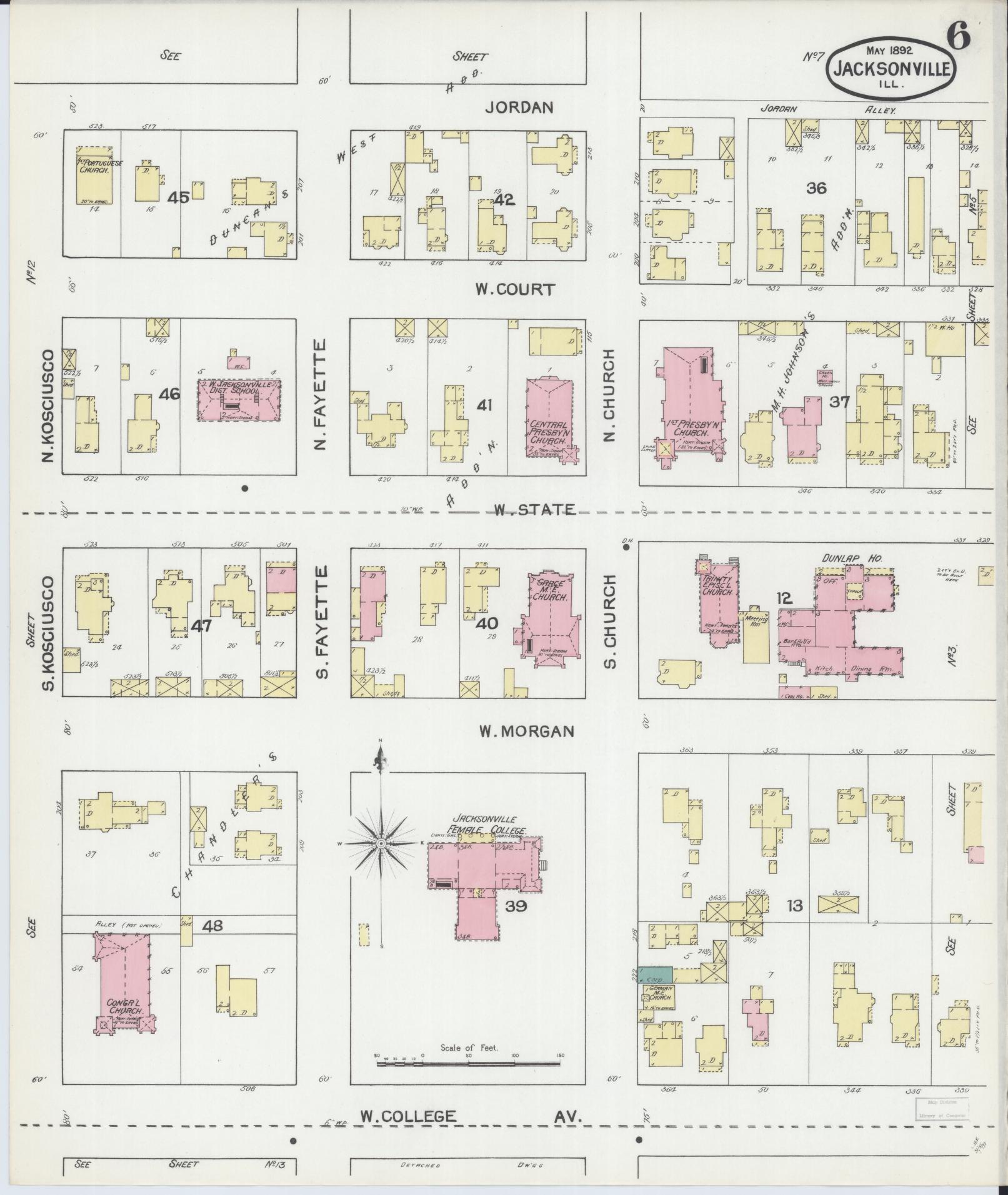 Sanborn Fire Insurance Map from Jacksonville, Morgan County, Illinois (1892), Sheet #0006 - Complete Map Set gallery image, historic Sanborn map, vintage wall art, Illinois Illinois