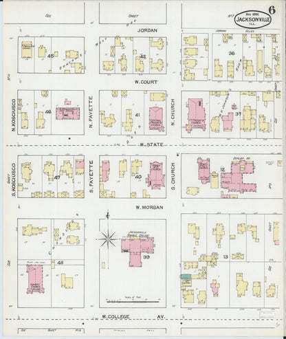 Sanborn Fire Insurance Map from Jacksonville, Morgan County, Illinois (1892), Sheet #0006 - Complete Map Set gallery image, historic Sanborn map, vintage wall art, Illinois Illinois