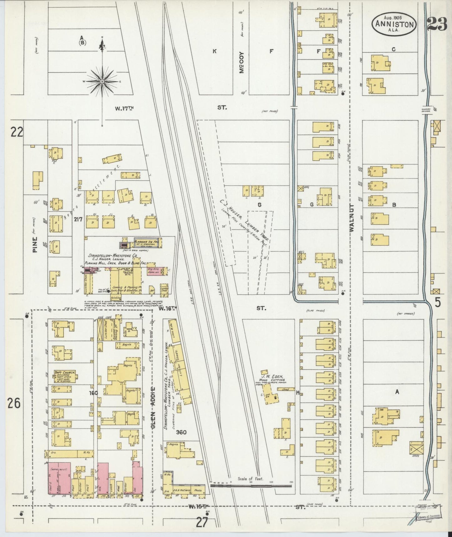 Sanborn Fire Insurance Map from Anniston, Calhoun County, Alabama (1905), Sheet #0023 - Complete Map Set gallery image, historic Sanborn map, vintage wall art, Alabama Alabama
