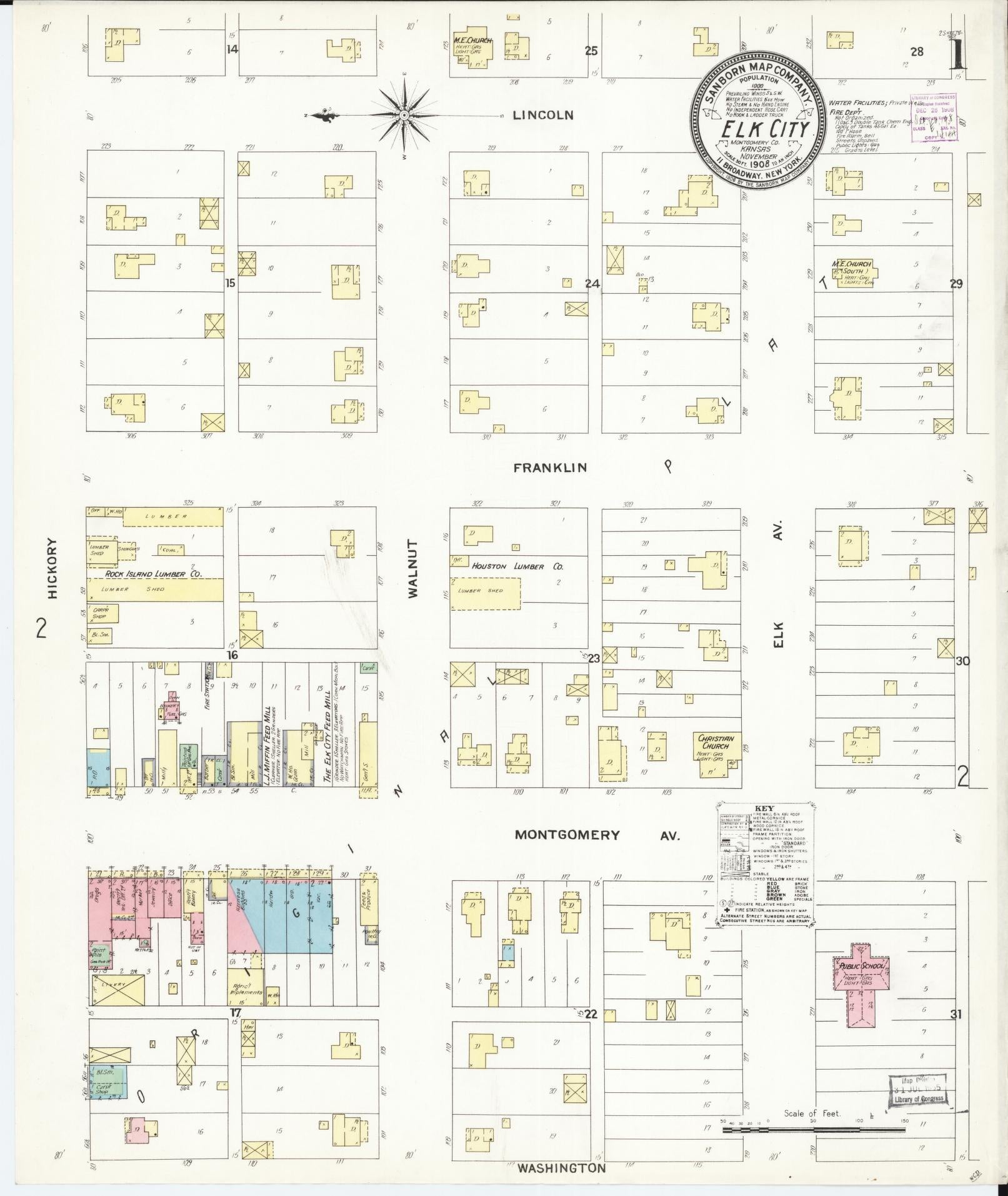 Sanborn Fire Insurance Map from Elk City, Montgomery County, Kansas (1908), Sheet #0001 - Complete Map Set gallery image, historic Sanborn map, vintage wall art, Kansas Kansas