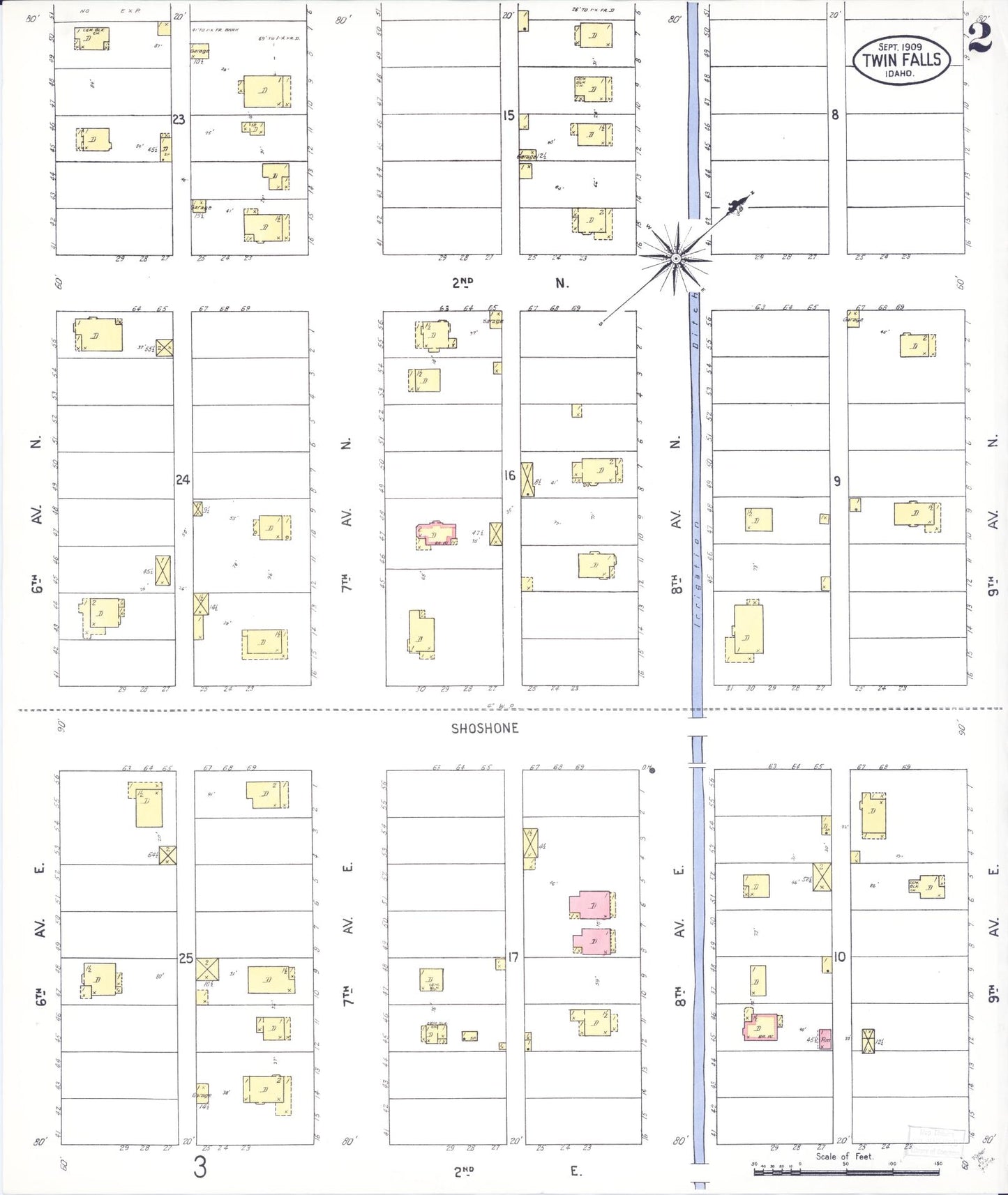 Sanborn Fire Insurance Map from Twin Falls, Twin Falls County, Idaho (1909), Sheet #0002 - Complete Map Set gallery image, historic Sanborn map, vintage wall art, Falls Idaho