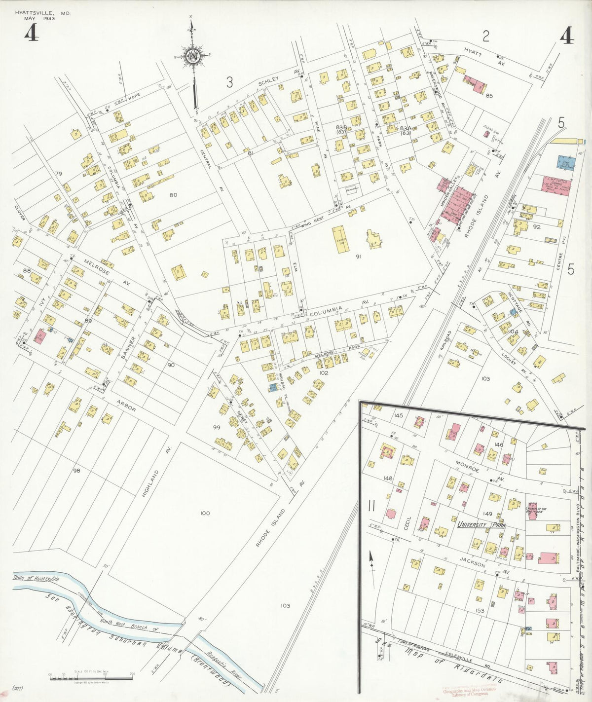 Sanborn Fire Insurance Map from Hyattsville, Prince Georges County, Maryland (1933), Sheet #0004 - Historic Sanborn Fire Insurance Map Print, vintage old map wall art, antique decor, genealogy gift, Maryland Maryland map