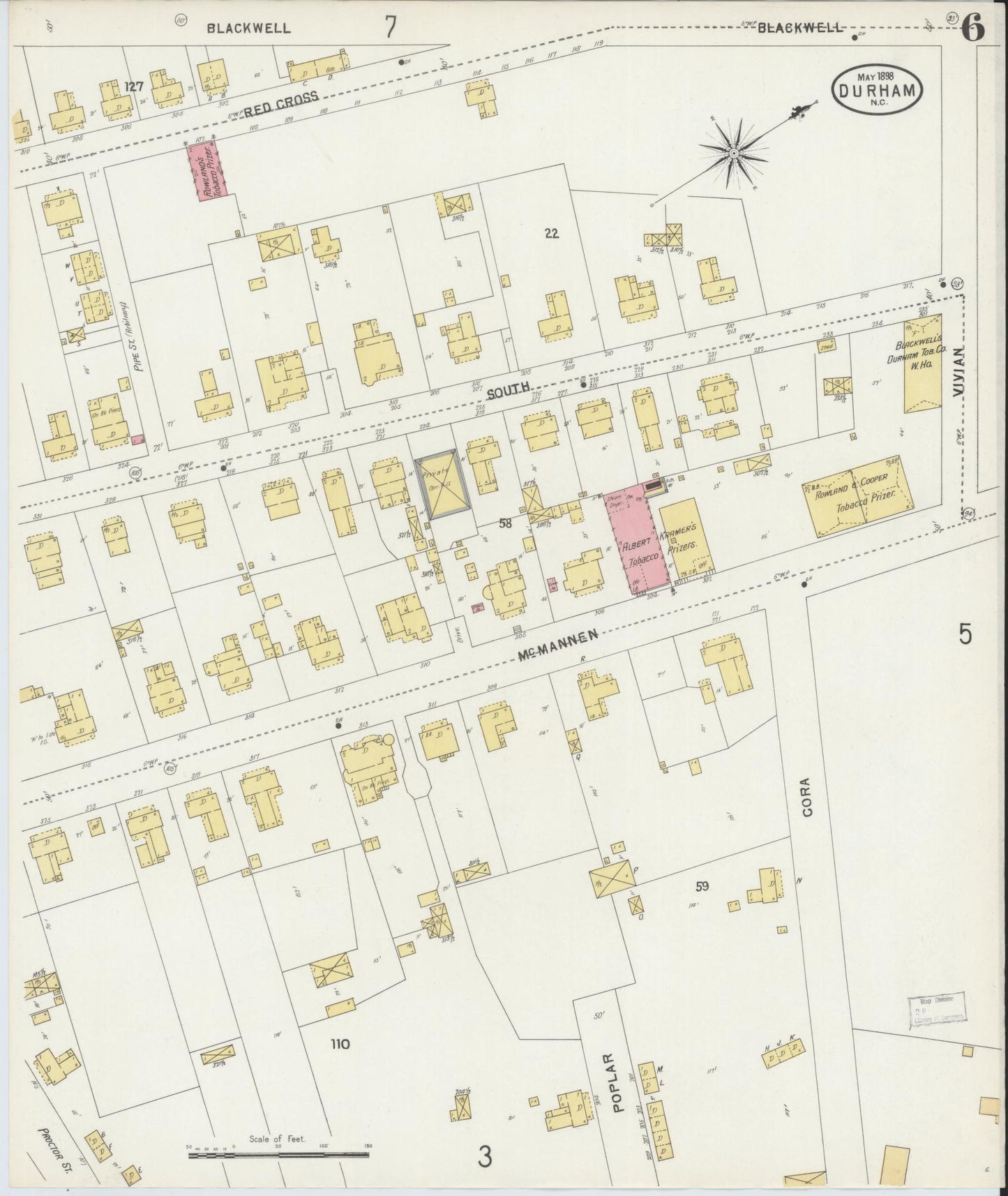 Sanborn Fire Insurance Map from Durham, Durham County, North Carolina (1898), Sheet #0006 - Complete Map Set gallery image, historic Sanborn map, vintage wall art, North Carolina North Carolina