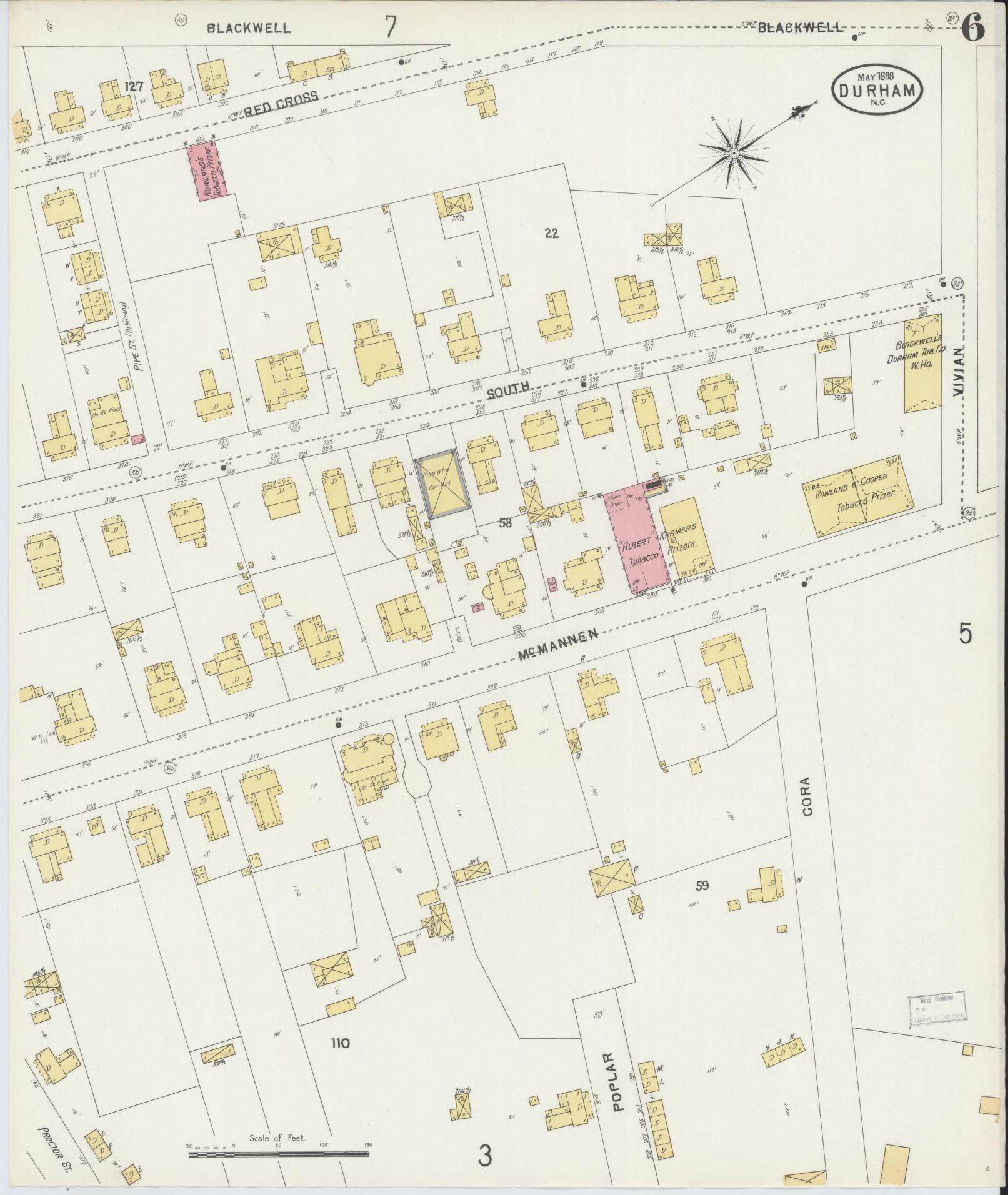 Sanborn Fire Insurance Map from Durham, Durham County, North Carolina (1898), Sheet #0006 - Complete Map Set gallery image, historic Sanborn map, vintage wall art, North Carolina North Carolina