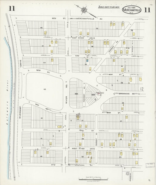 Sanborn Fire Insurance Map from Merchantville, Camden County, New Jersey (1925), Sheet #0011 - Historic Sanborn Fire Insurance Map Print, vintage old map wall art, antique decor, genealogy gift, New Jersey New Jersey map