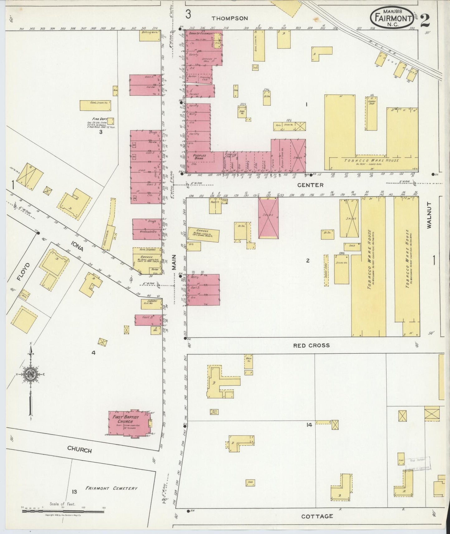Sanborn Fire Insurance Map from Fairmont, Robeson County, North Carolina (1918), Sheet #0002 - Complete Map Set gallery image, historic Sanborn map, vintage wall art, North Carolina North Carolina