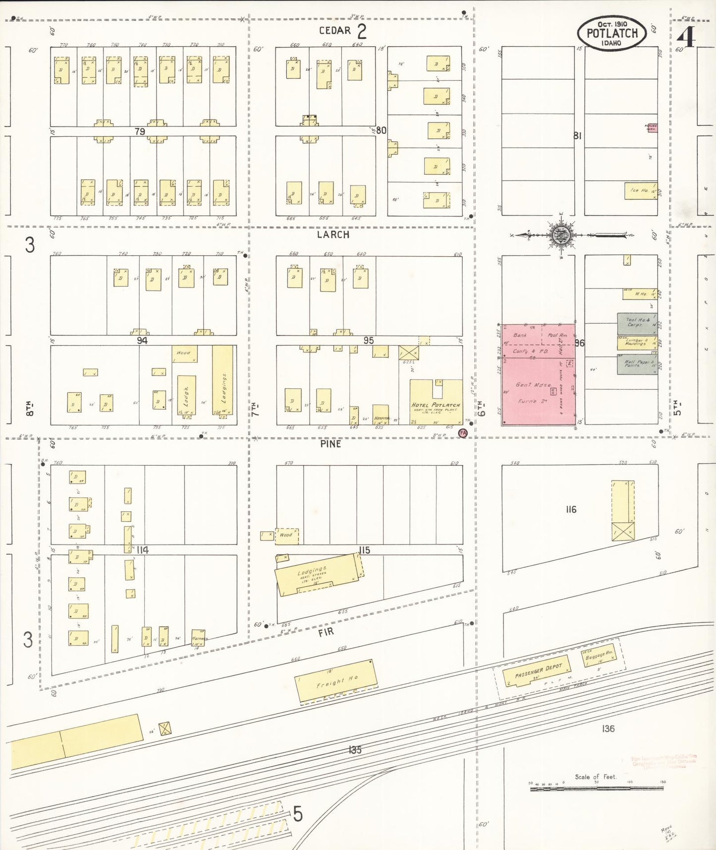 Sanborn Fire Insurance Map from Potlatch, Latah County, Idaho (1910), Sheet #0004 - Historic Sanborn Fire Insurance Map Print, vintage old map wall art, antique decor, genealogy gift, Idaho Idaho map