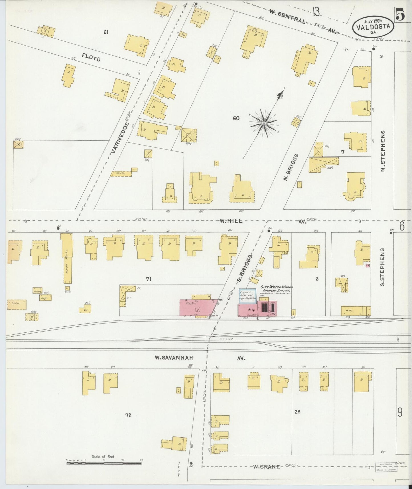 Sanborn Fire Insurance Map from Valdosta, Lowndes County, Georgia (1905), Sheet #0005 - Historic Sanborn Fire Insurance Map Print, vintage old map wall art, antique decor, genealogy gift, Georgia Georgia map