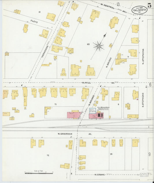 Sanborn Fire Insurance Map from Valdosta, Lowndes County, Georgia (1905), Sheet #0005 - Historic Sanborn Fire Insurance Map Print, vintage old map wall art, antique decor, genealogy gift, Georgia Georgia map